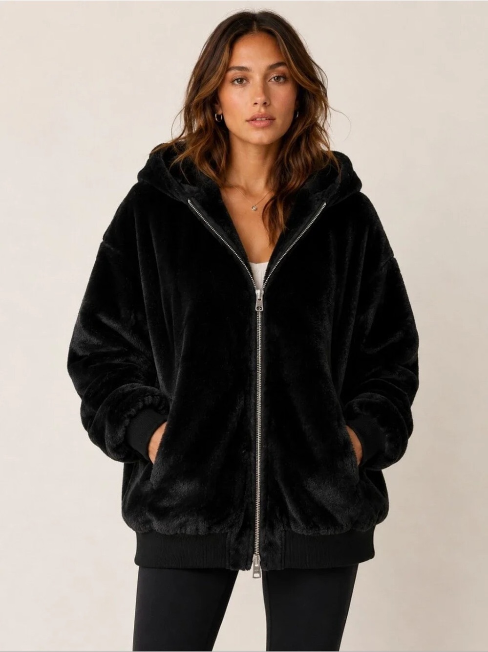 Free people faux fur soft turn up zip off hoodie jacket - Black 💜